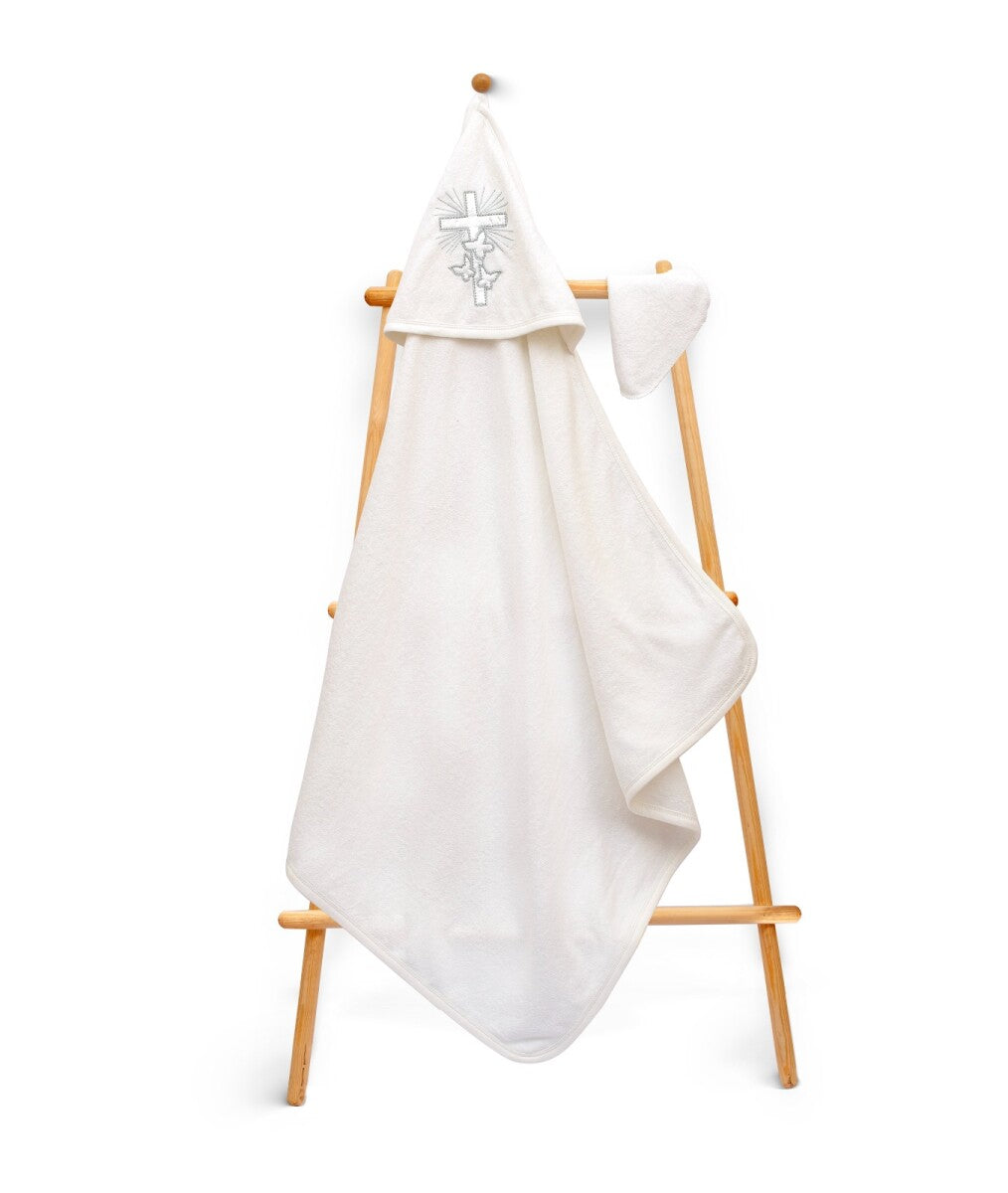 Baby Christening Towel with Cross Embroidery - Beige and Bliss